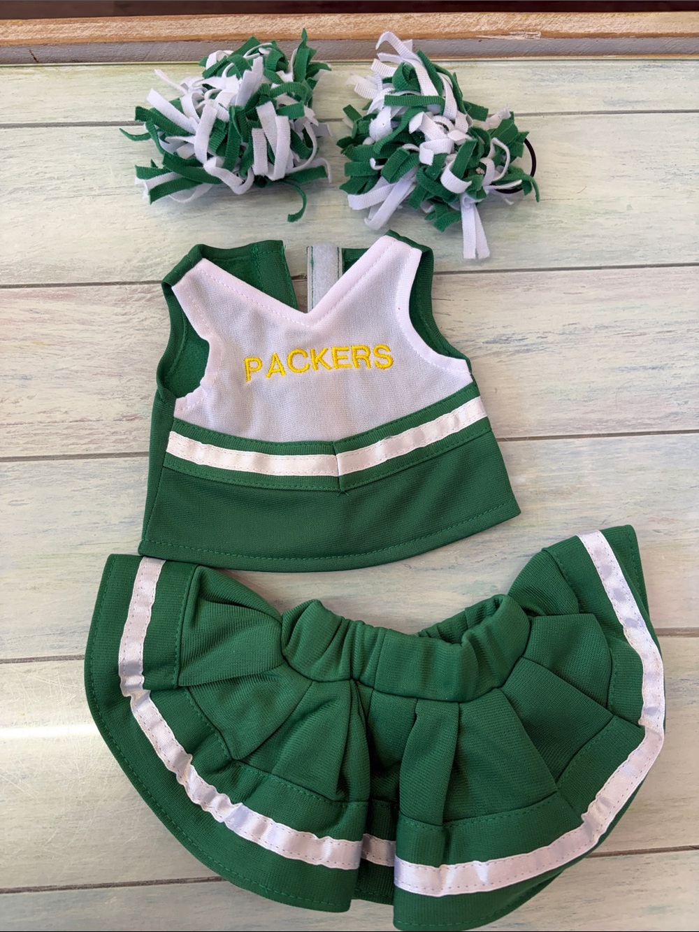 Green and White Packers 18 inch Doll cheerleading set